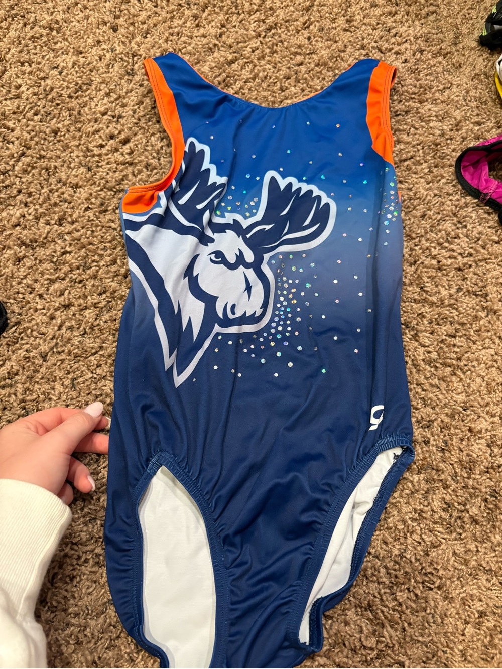 Navy Blue & Orange utica Graphic Gymnastics Leotard